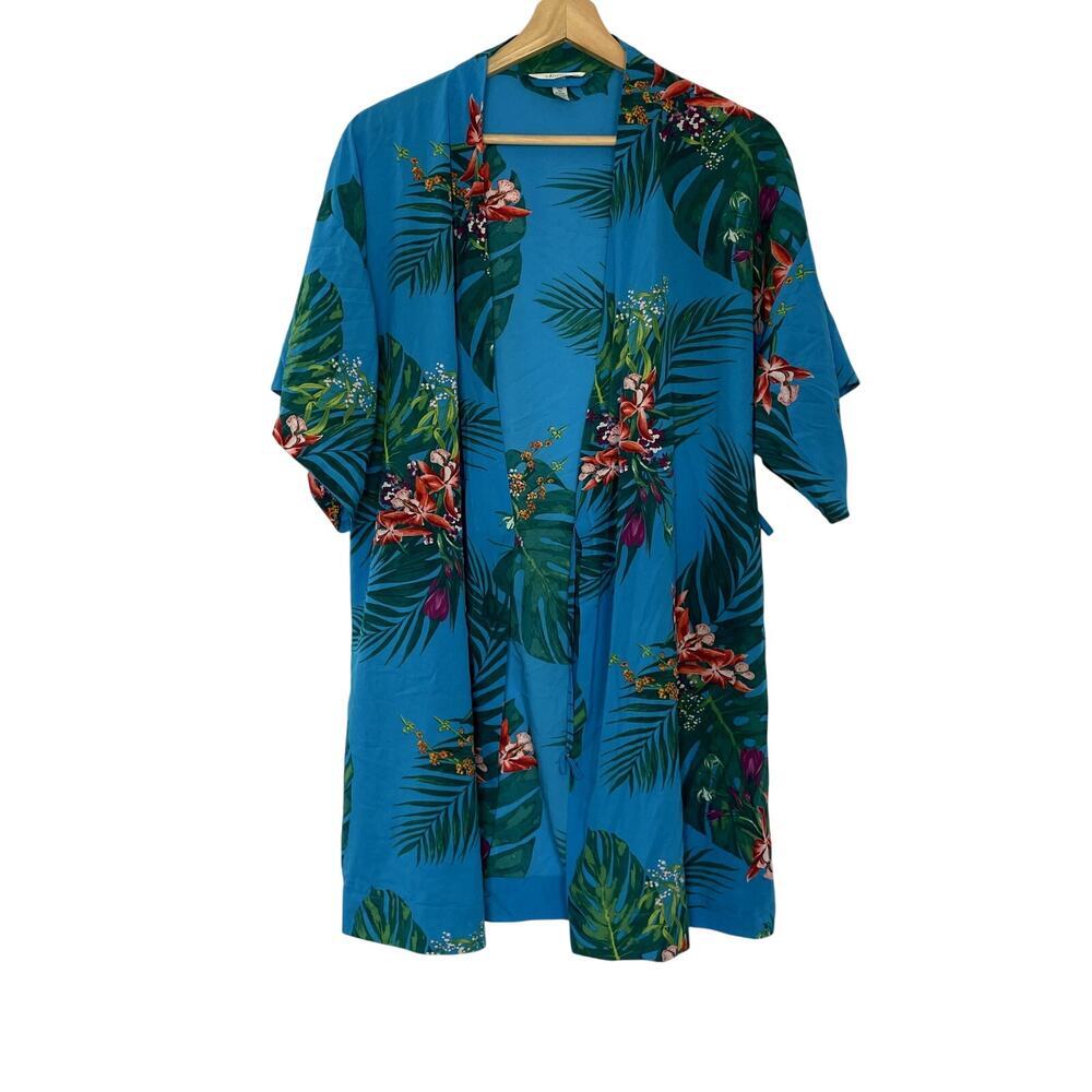 Soma blue tropical leaves flowers robe sleepwear women's small flowy no belt - Picture 1 of 7
